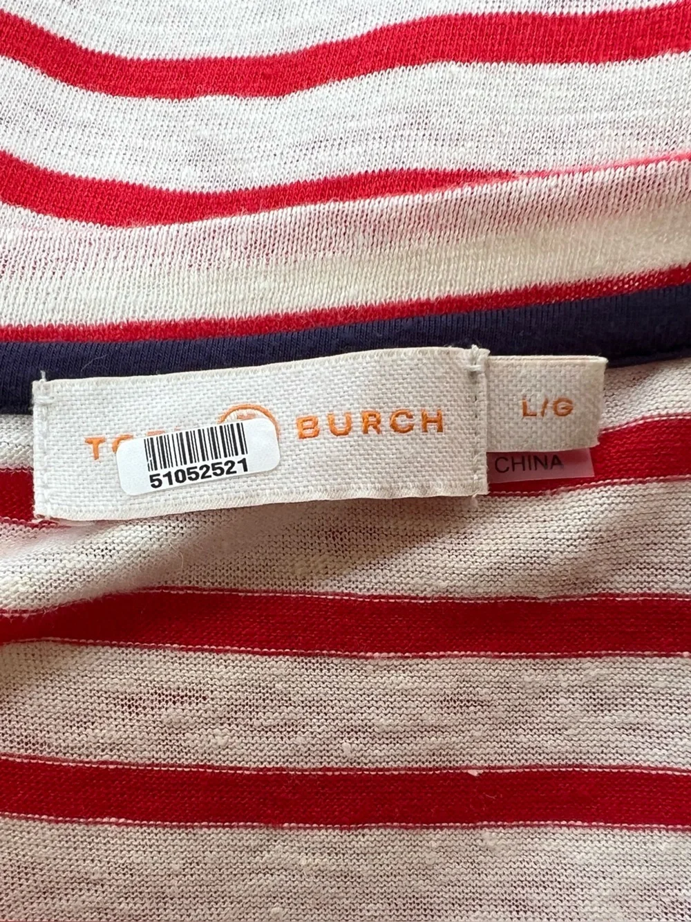 Tory Burch Res Striped Linen Jersey Long Sleeved Crew Neck Pullover, size Large